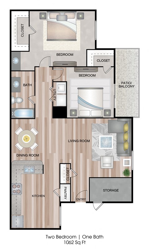 Floor plan for 2 beds, 1 bath, 1062 sqft